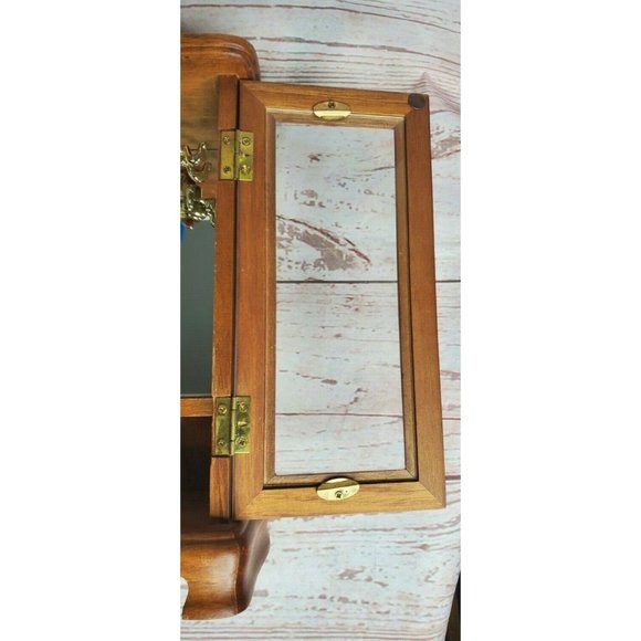 Rare Vintage Wood Jewelry Box Armoire Artistic Design Glass Door Shelves w/Mirro - Picture 10 of 12